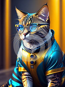 anthropomorphic futuristic cat, robotic animal in a yellow and blue suit, science fiction character
