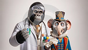 An anthropomorphic gorilla as a scientist and an elephant as a circus performer, AI generated