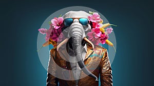 Anthropomorphic hyperrealistic cyberpunk elephant character with flowers and sunglasses on minimal blue background