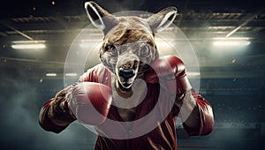 An anthropomorphic kangaroo in boxing gloves prepares for a fight in the ring, demonstrating strength and determination