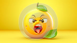 An anthropomorphic lemon with a sour expression, large eyes, and a leaf on a bright yellow background