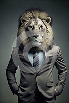 Anthropomorphic lion head portrait in elegant business suit. Generative Ai