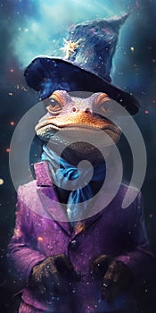 Anthropomorphic Lizard Wizard in Disguise Concept Art Portrait.