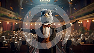 An anthropomorphic pigeon conductor with outstretched wings stands on the stage of a concert hall with an orchestra in the