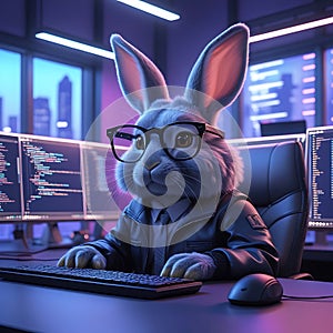 Anthropomorphic rabbit programmer wearing glasses and jacket at computer bunny coder