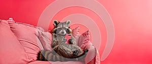 an anthropomorphic racoon lies on a sofa while using a cell phone, copy space