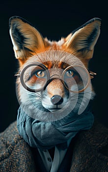 An anthropomorphic red fox with a eyeglasses has an astute and inquiring look photo