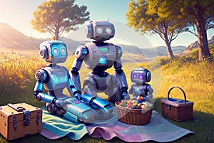 Anthropomorphic robots have a rest outdoor. Generative Ai photo