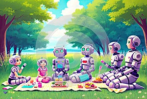 Anthropomorphic robots have a rest outdoor. Generative Ai photo