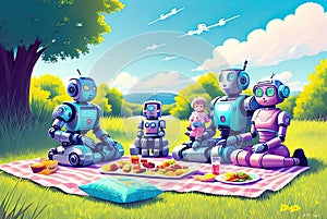 Anthropomorphic robots have a rest outdoor. Generative Ai photo