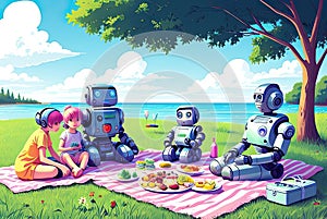 Anthropomorphic robots have a rest outdoor. Generative Ai photo