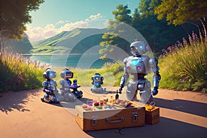 Anthropomorphic robots have a rest outdoor. Generative Ai photo