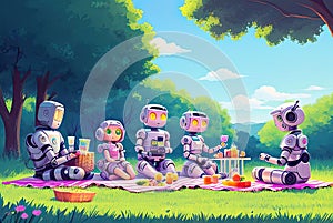 Anthropomorphic robots have a rest outdoor. Generative Ai photo