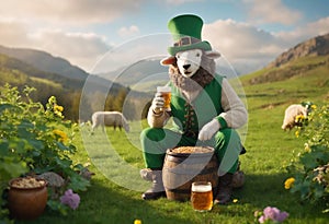 Anthropomorphic sheep wearing leprechaun hat and costume sitting on wooden keg with glasses beers, against