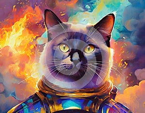 Anthropomorphic Siamese cat, kitty cartoon solider, background is fire, smoke and explosion, animal portrait, Wall Art Design for