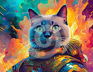 Anthropomorphic Siamese cat, kitty cartoon solider, background is fire, smoke and explosion, animal portrait, Wall Art Design for photo