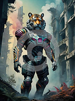 Anthropomorphic tiger soldier exploring the city ruins, science fiction character