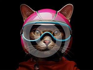 Anthropomorphic, very feminine cat with a pink helmet and blue goggles - Generative AI
