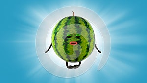 Anthropomorphic watermelon meditates in the air