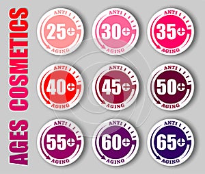 Anti-age concept stamps with different age and back time clock symbol. Creative vector set of anti-aging circle icons for cosmetic