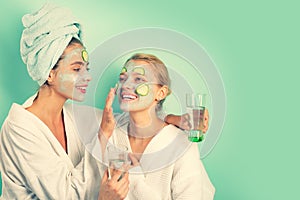 Anti age mask. Stay beautiful. Skin care for all ages. Women having fun cucumber skin mask. Relax concept. Beauty begins