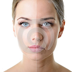 Anti-aging concept. Portrait of beautiful woman with problem and clean skin. Aging and youth concept. Beauty treatment