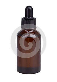 Anti aging serum with collagen and peptides in dark glass bottle with dropper isolated