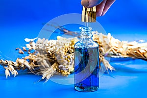 Anti aging serum in glass bottle with dropper on blue background and dry flowers . Facial liquid serum with collagen and peptides