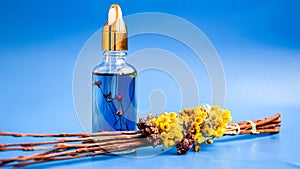 Anti aging serum in glass bottle with dropper on blue background and dry flowers . Facial liquid serum with collagen and peptides