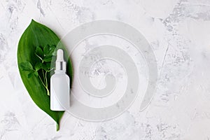 Anti aging serum in glass bottle with dropper and plants on white background. Facial liquid serum with collagen and peptides.