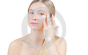 Anti-aging treatment and face lifting, beautiful woman with perfect skin with or arrows around eyes