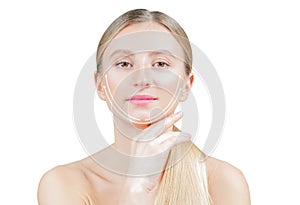 Anti-aging treatment and face lifting. Beautiful woman with perfect skin  with arrows on face