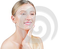 Anti-aging treatment and face lifting. Beautiful woman with perfect skin  with arrows on face