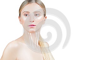 Anti-aging treatment and face lifting. Beautiful woman with perfect skin  with arrows on neck