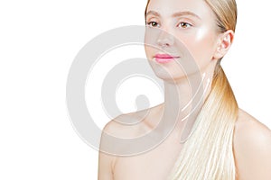 Anti-aging treatment and face lifting. Beautiful woman with perfect skin  with arrows on neck