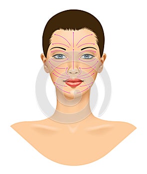 Anti aging treatment and plastic surgery concept. Beautiful young woman with red arrows over face.