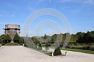 Anti aircraft tower Flakturm in Augarten park landscape