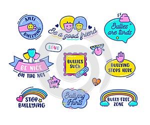 Anti Bullying Icons Set Isolated on White Background. Colorful Banners and Badges with Doodle Elements photo