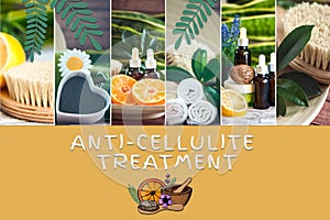 Anti-cellulite treatment consept. Photo and illustration, cartoon style. Organic, bio, natural cosmetics.