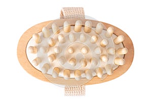 anti-cellulite wooden eco-friendly massager on white insulated background top view