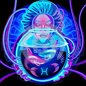 Anti-coronavirus horoscope. A series of Zodiac signs in neon technique. Pisces Sign