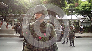 Anti Coup, Victory Monument.  Protesters face Thai police and soldiers at Victory Monument.