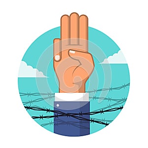 Anti dictatorship concept with Three Finger Salute surrounded by barbed wire vector design photo