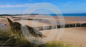 Anti-erosion wooden piles to retain sand on Wissant beach on the edge of the English Channel on the Opal Coast in France