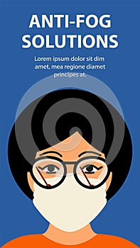 Anti-fog solutions. Fogging glasses when wearing glasses and mask in cold time. Onboarding mobile app page screen vector template