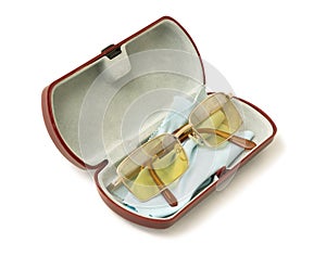 Anti-glare yellow glasses of driver in a plastic case