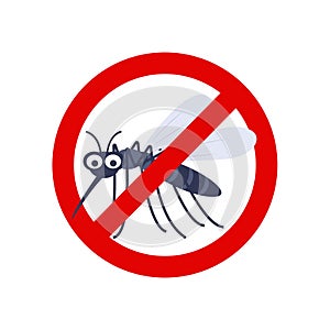 Anti mosquito, pest control. Stop insects sign. Silhouette of mosquito in red forbidding circle, vector illsutration