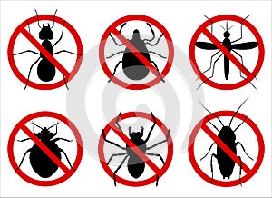 Anti pest control ban, prohibition parasitic insects. Stop, warning, forbidden bug icon set. No, prohibit signs of cockroaches,