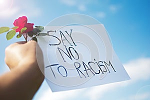 About anti-racism protests. Hand held banner and rose flower.