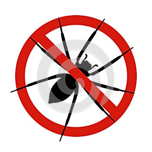 Anti spider, pest control. Stop insects sign. Silhouette of spider in red forbidding circle, vector illsutration photo